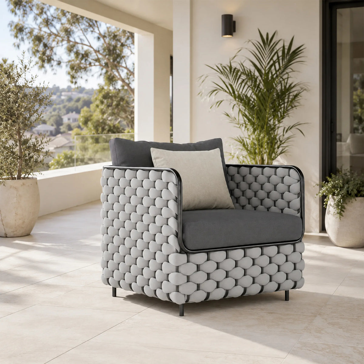 SOLARA Nordic Outdoor Single Sofa - Woven Strap Aluminium Frame - 70x70x70cm - Patio Balcony Garden - Grey