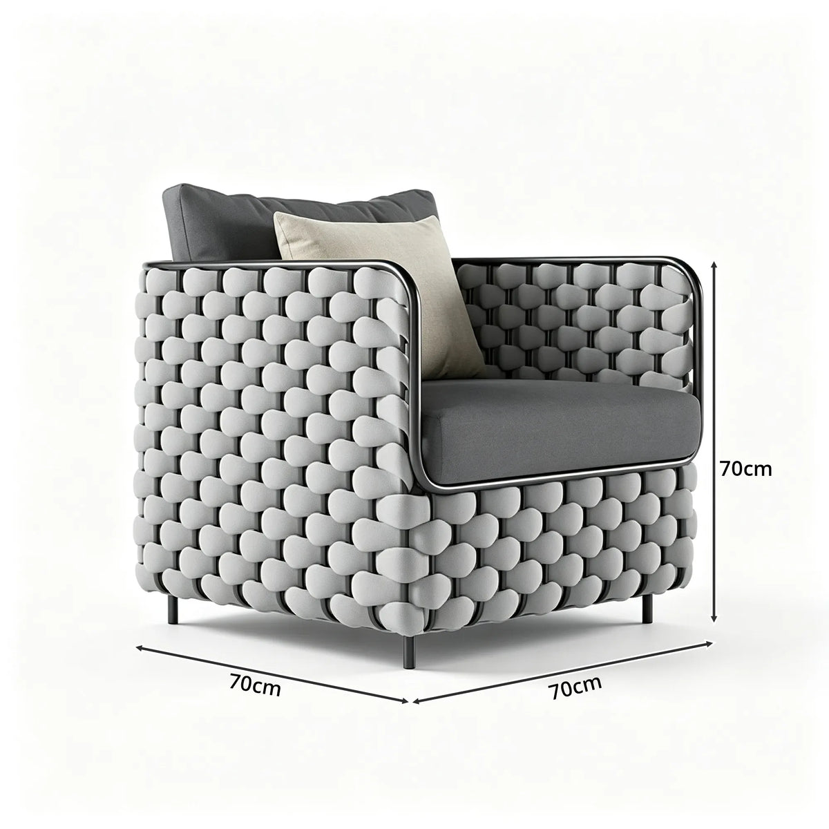 SOLARA Nordic Outdoor Single Sofa - Woven Strap Aluminium Frame - 70x70x70cm - Patio Balcony Garden - Grey