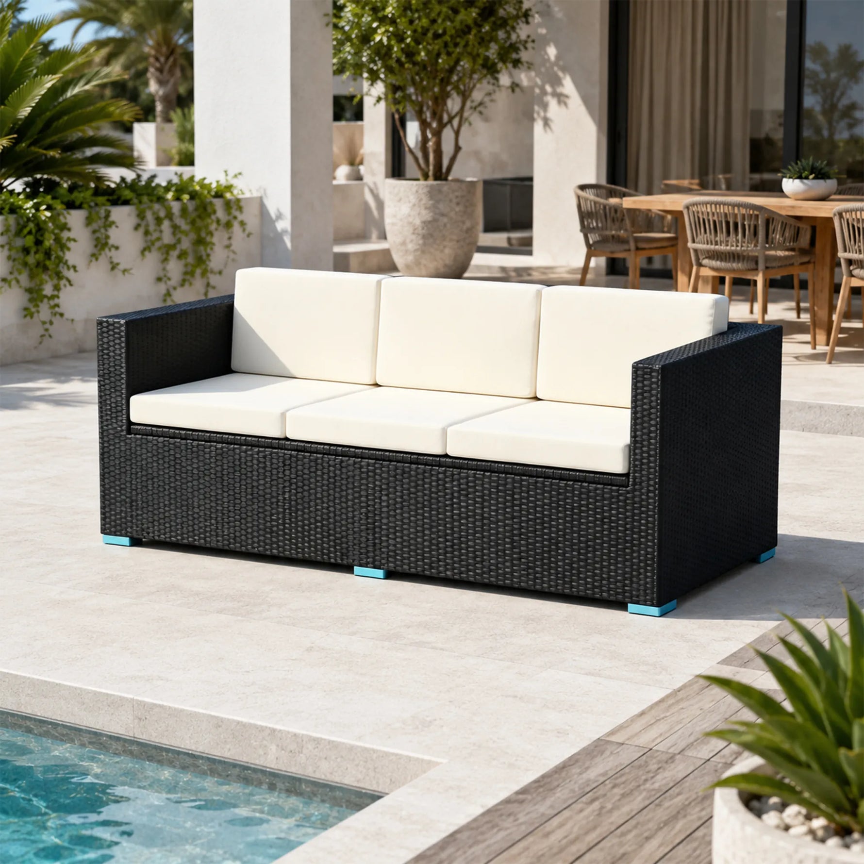 SOLARA Outdoor 3-Seater Rattan Storage Sofa - Handwoven PE Rattan Aluminium Frame - 200x70x70cm - Patio Garden - Black