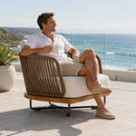 SOLARA Nordic Outdoor Single Sofa - Ash Wood Frame Handwoven Rattan - 80x80x82cm - Patio Balcony Garden - Natural