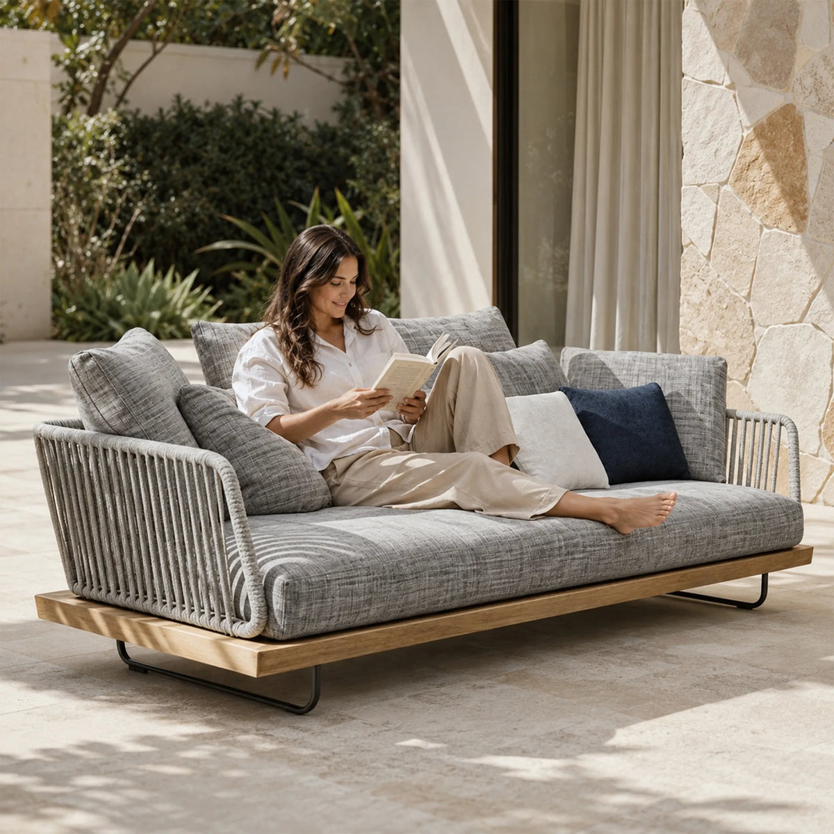 SOLARA Nordic Outdoor 2-Seater Sofa Ash Wood Frame Handwoven Rattan for Patio Balcony Garden - Natural