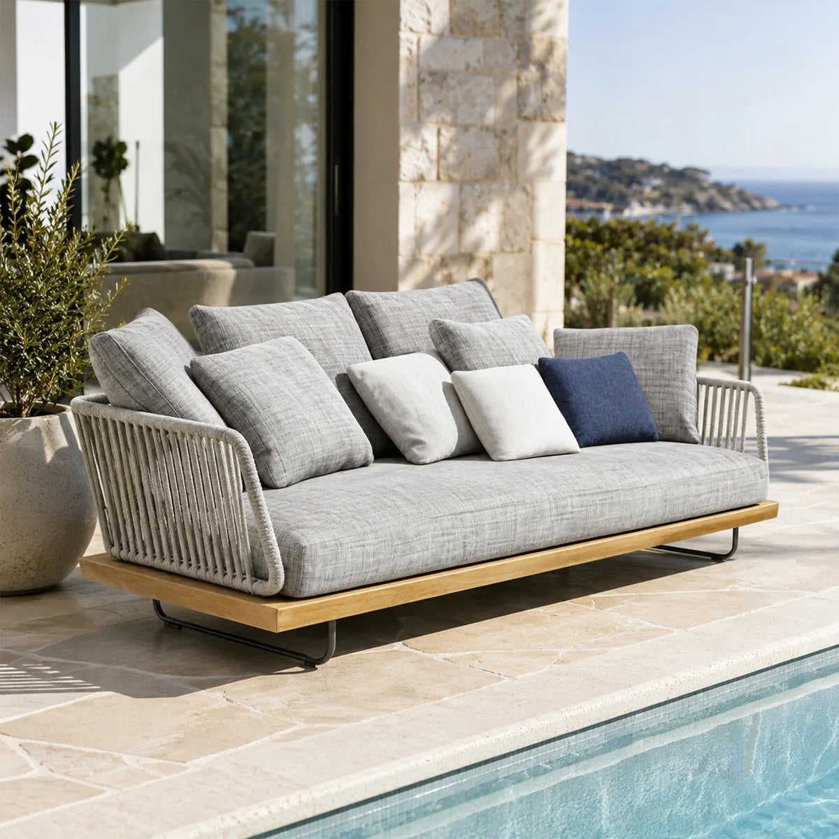 SOLARA Nordic Outdoor 2-Seater Sofa Ash Wood Frame Handwoven Rattan for Patio Balcony Garden - Natural