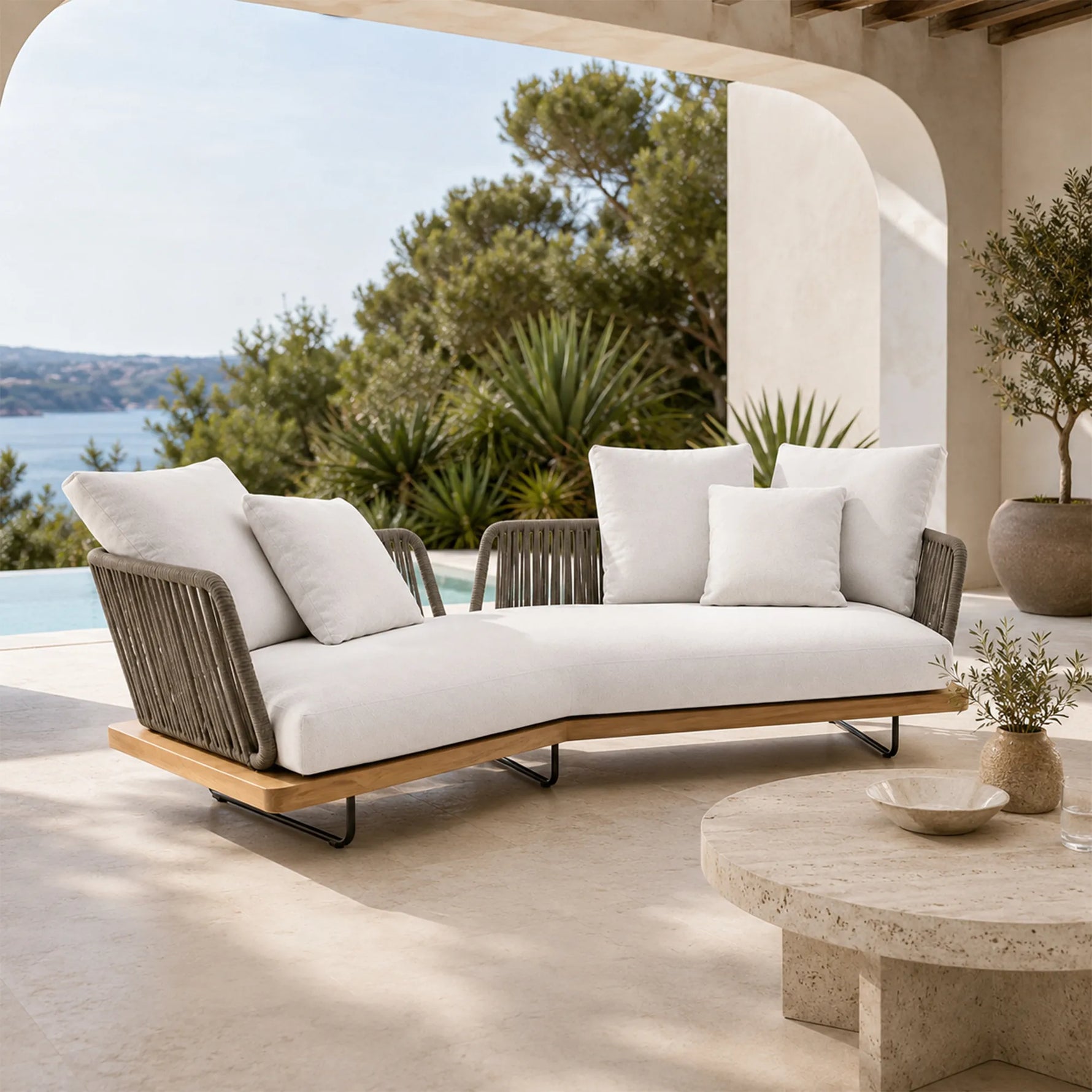 SOLARA Nordic Outdoor Curved Sofa Ash Wood Frame Handwoven Rattan for Patio Balcony Garden - Natural