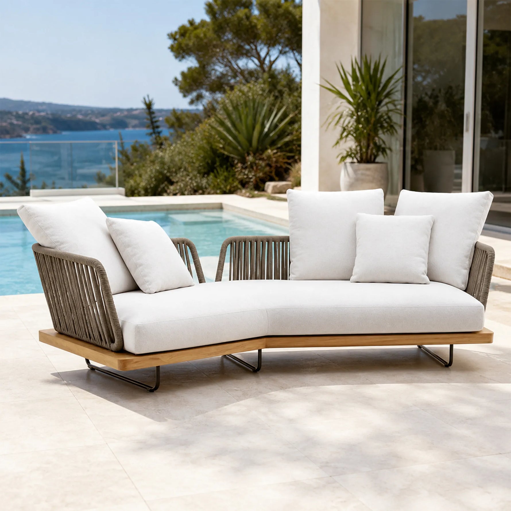 SOLARA Nordic Outdoor Curved Sofa Ash Wood Frame Handwoven Rattan for Patio Balcony Garden - Natural
