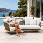 SOLARA Nordic Outdoor Curved Sofa Ash Wood Frame Handwoven Rattan for Patio Balcony Garden - Natural