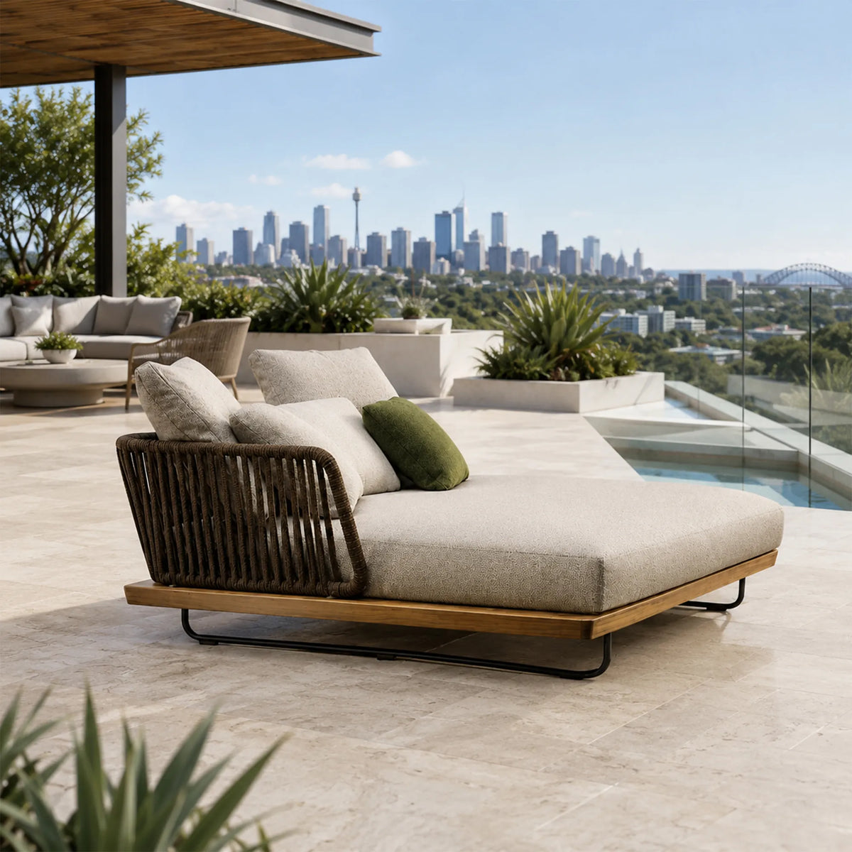 SOLARA Nordic Outdoor Double Daybed Ash Wood Frame Handwoven Rattan for Patio Balcony Garden - Natural
