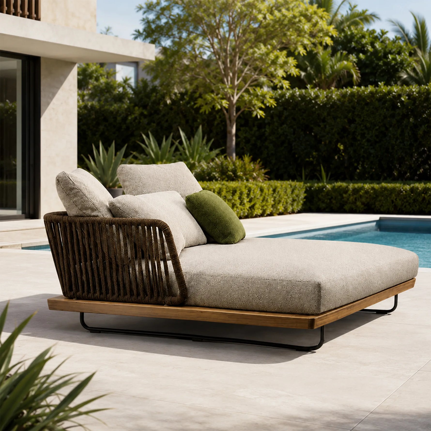 SOLARA Nordic Outdoor Double Daybed Ash Wood Frame Handwoven Rattan for Patio Balcony Garden - Natural
