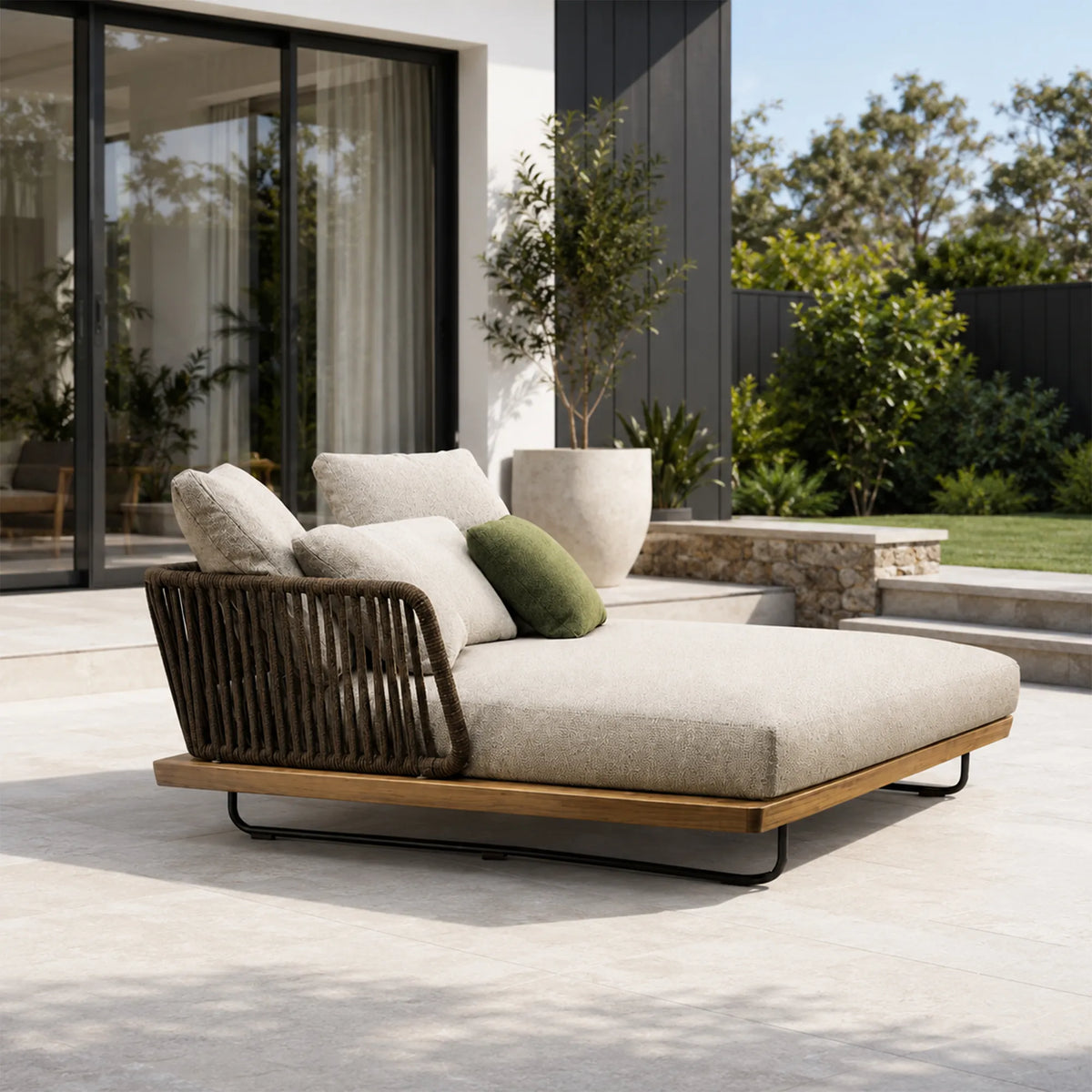 SOLARA Nordic Outdoor Double Daybed Ash Wood Frame Handwoven Rattan for Patio Balcony Garden - Natural