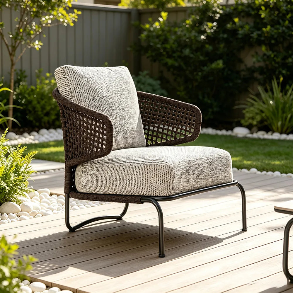 SOLARA Nordic Outdoor Single Sofa Handwoven Rattan Aluminium Frame for Patio Balcony Garden - Brown