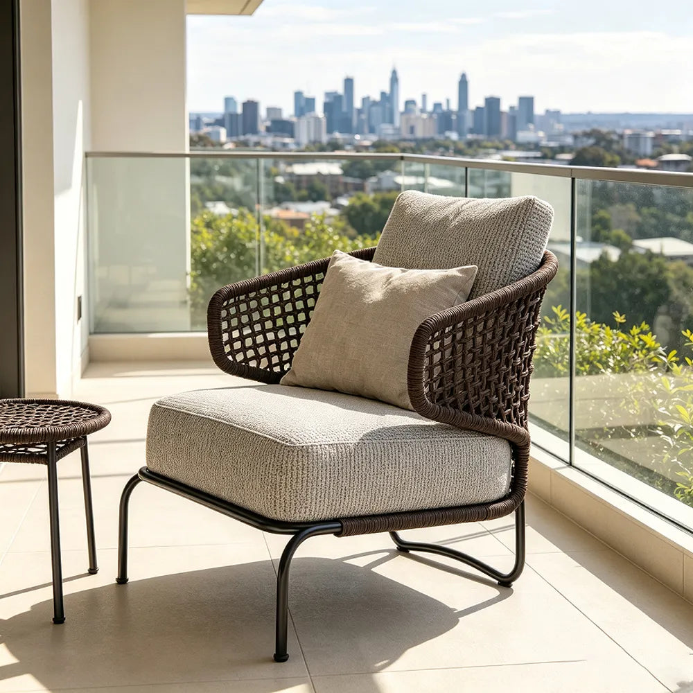 SOLARA Nordic Outdoor Single Sofa Handwoven Rattan Aluminium Frame for Patio Balcony Garden - Brown
