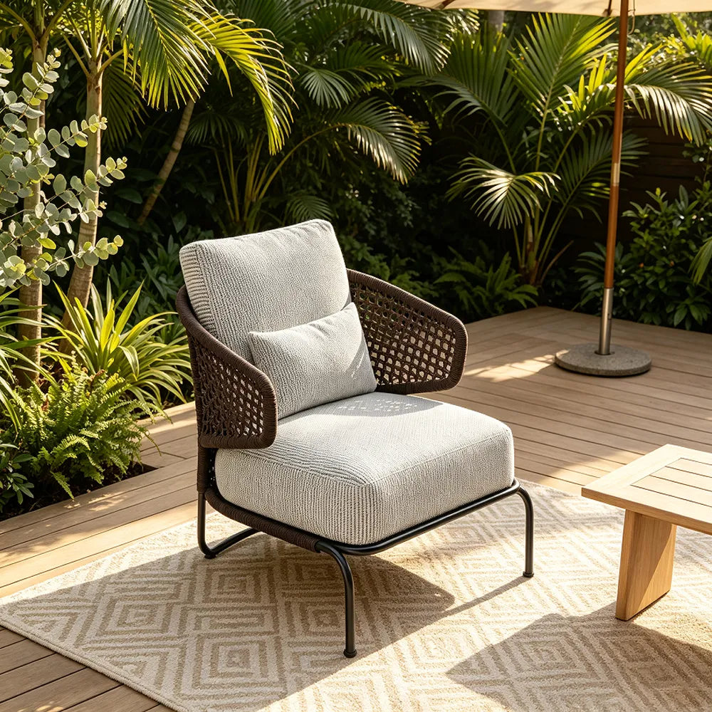 SOLARA Nordic Outdoor Single Sofa Handwoven Rattan Aluminium Frame for Patio Balcony Garden - Brown