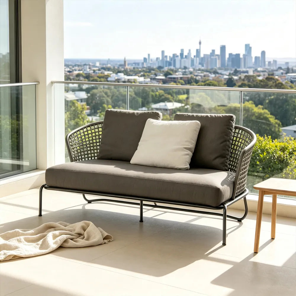 SOLARA Nordic Outdoor 2-Seater Sofa Handwoven Rattan Aluminium Frame for Patio Balcony Garden - Grey
