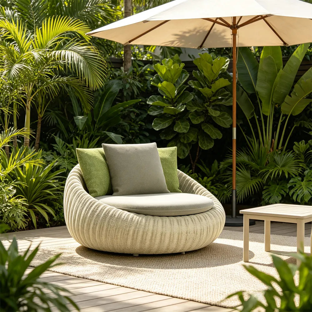 SOLARA Modern Outdoor Round Lounge Chair PE Rattan Thickened Aluminium Frame for Patio Balcony Garden - Beige