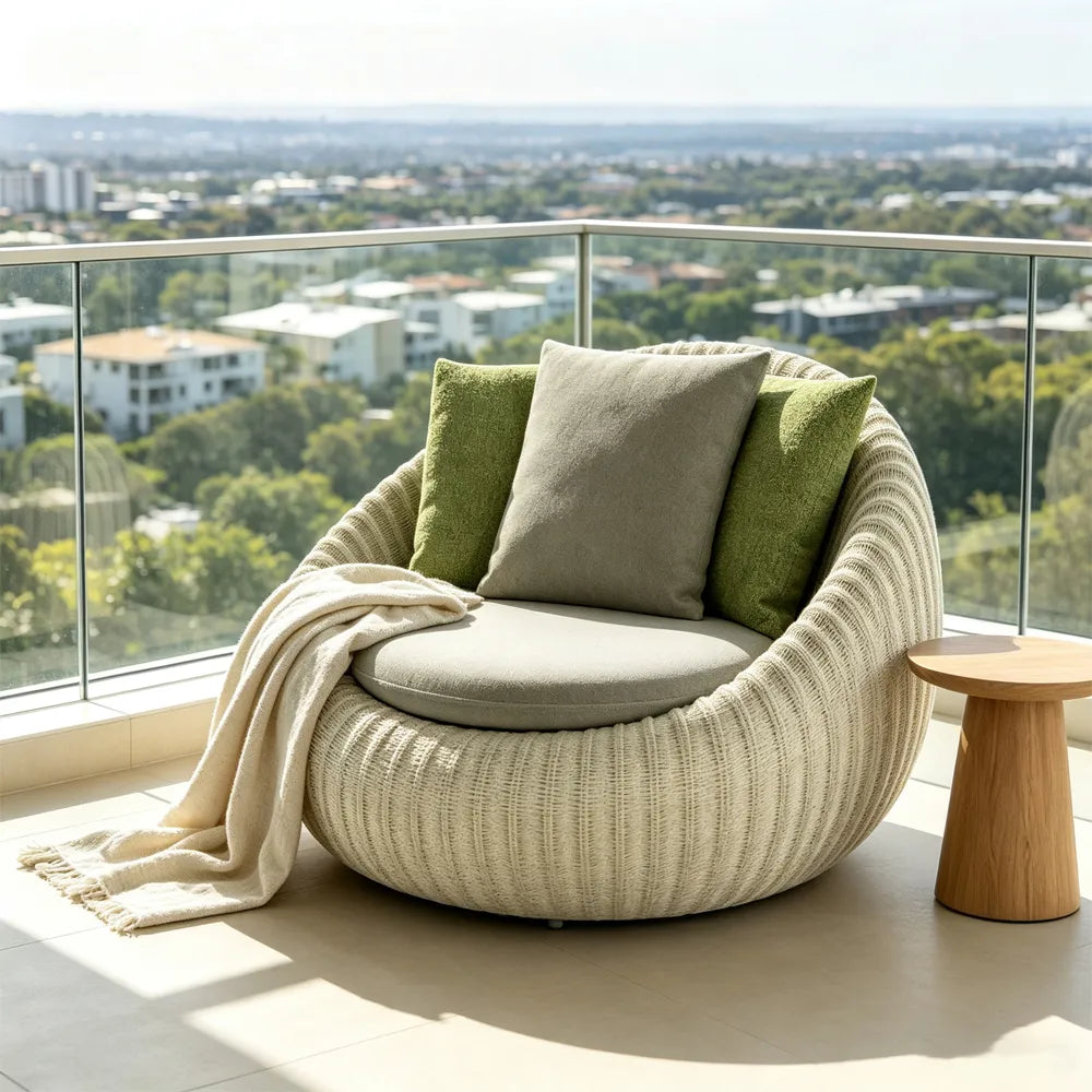 SOLARA Modern Outdoor Round Lounge Chair PE Rattan Thickened Aluminium Frame for Patio Balcony Garden - Beige