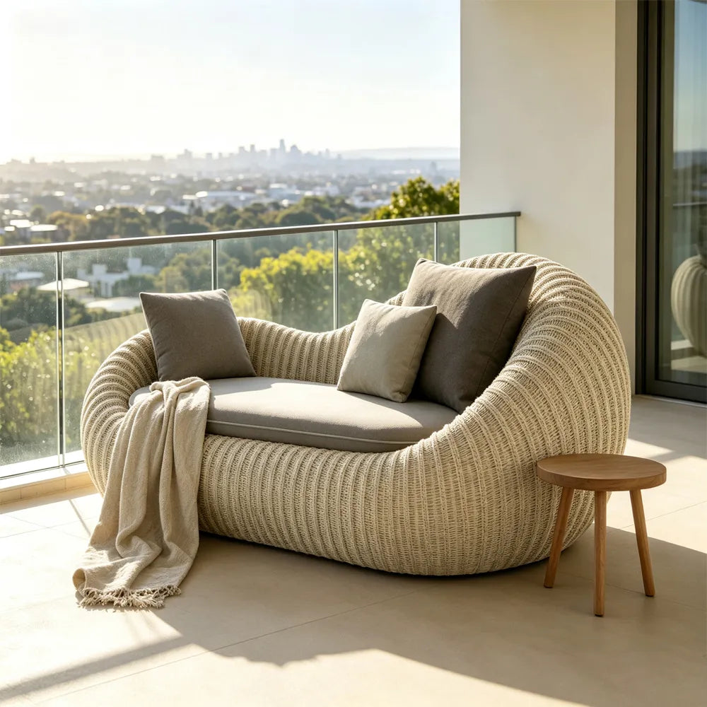 SOLARA Modern Outdoor Curved 2-Seater Sofa PE Rattan Thickened Aluminium Frame for Patio Balcony Garden - Beige
