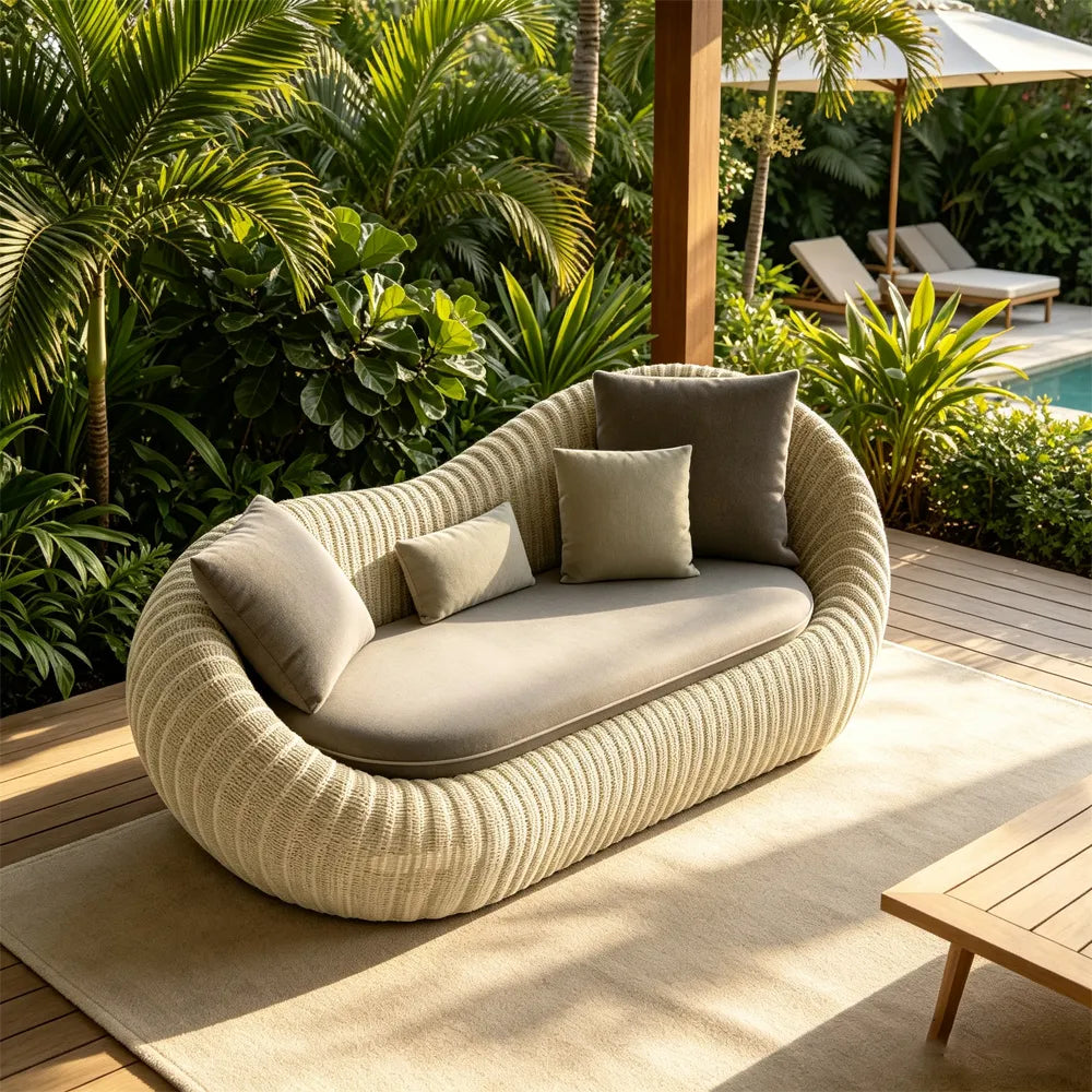SOLARA Modern Outdoor Curved 2-Seater Sofa PE Rattan Thickened Aluminium Frame for Patio Balcony Garden - Beige