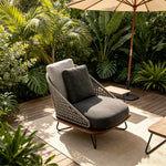 SOLARA Nordic Outdoor Lounge Chair Handwoven Rattan Aluminium Frame Teak Base for Patio Balcony Garden - Dark Grey