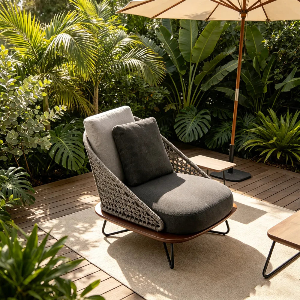 SOLARA Nordic Outdoor Lounge Chair Handwoven Rattan Aluminium Frame Teak Base for Patio Balcony Garden - Dark Grey