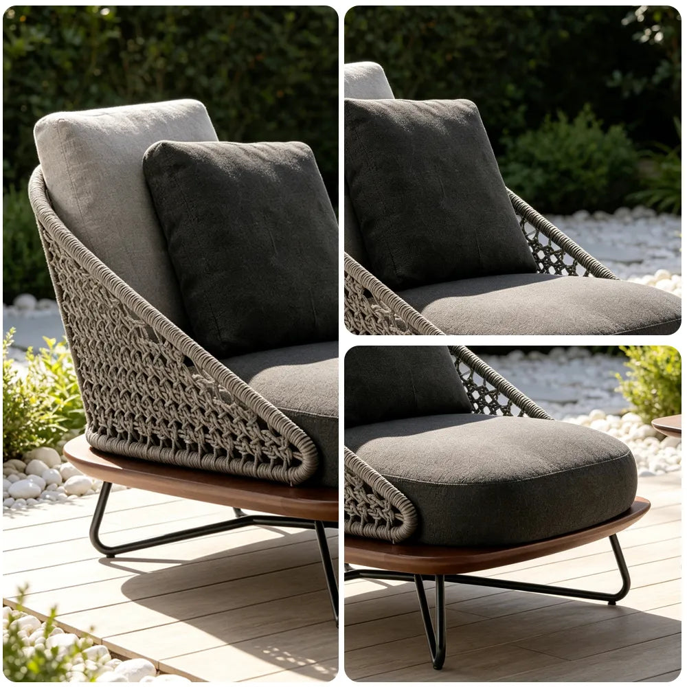 SOLARA Nordic Outdoor Lounge Chair Handwoven Rattan Aluminium Frame Teak Base for Patio Balcony Garden - Dark Grey