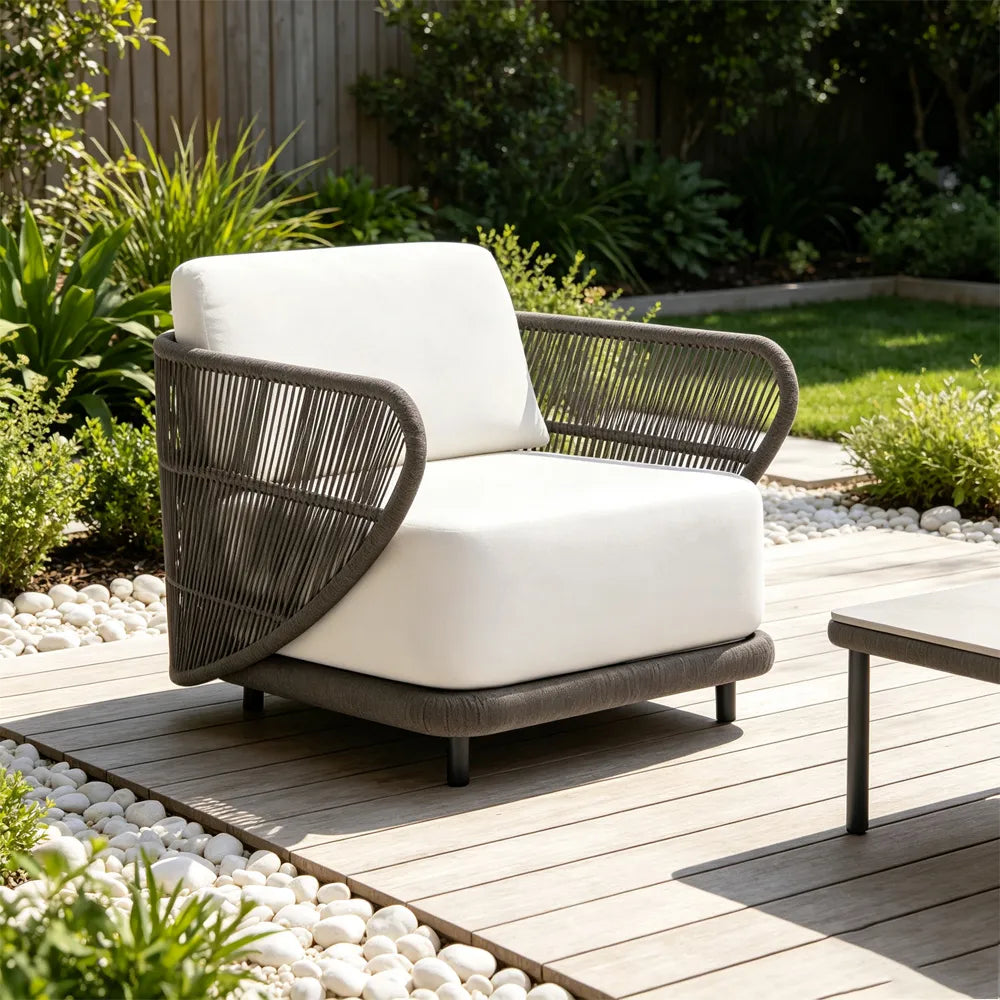 SOLARA Modern Outdoor Rope-Woven Lounge Chair Aluminium Frame Waterproof Cushion for Patio Balcony Garden - Brown