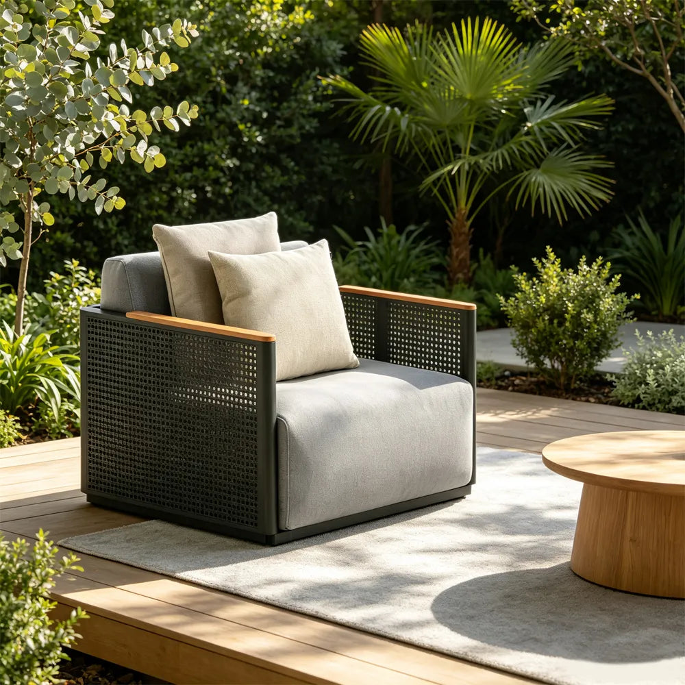 SOLARA Modern Outdoor Lounge Chair Stainless Steel Frame Teak Armrests Waterproof Cushions for Patio Balcony Garden - Grey