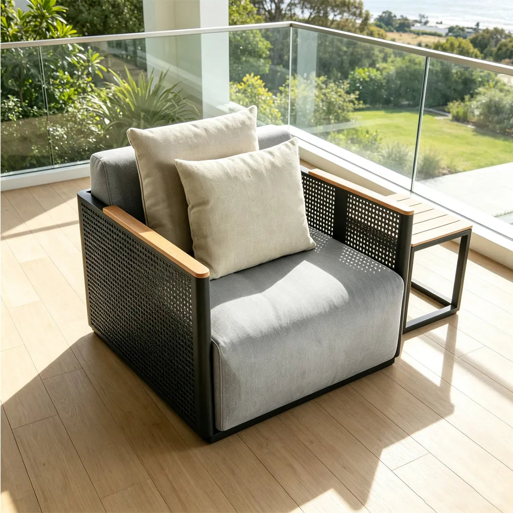 SOLARA Modern Outdoor Lounge Chair Stainless Steel Frame Teak Armrests Waterproof Cushions for Patio Balcony Garden - Grey