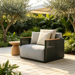 SOLARA Modern Outdoor Lounge Chair Stainless Steel Frame Teak Armrests Waterproof Cushions for Patio Balcony Garden - Grey