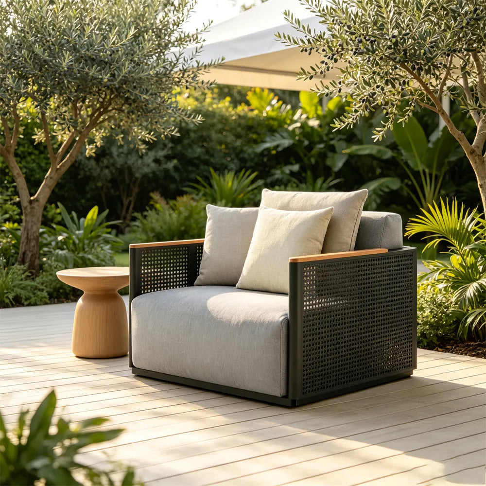 SOLARA Modern Outdoor Lounge Chair Stainless Steel Frame Teak Armrests Waterproof Cushions for Patio Balcony Garden - Grey