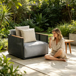 SOLARA Modern Outdoor Lounge Chair Stainless Steel Frame Teak Armrests Waterproof Cushions for Patio Balcony Garden - Grey