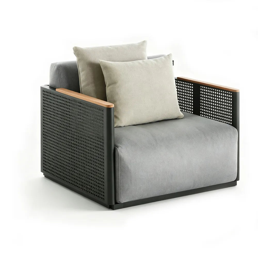 SOLARA Modern Outdoor Lounge Chair Stainless Steel Frame Teak Armrests Waterproof Cushions for Patio Balcony Garden - Grey