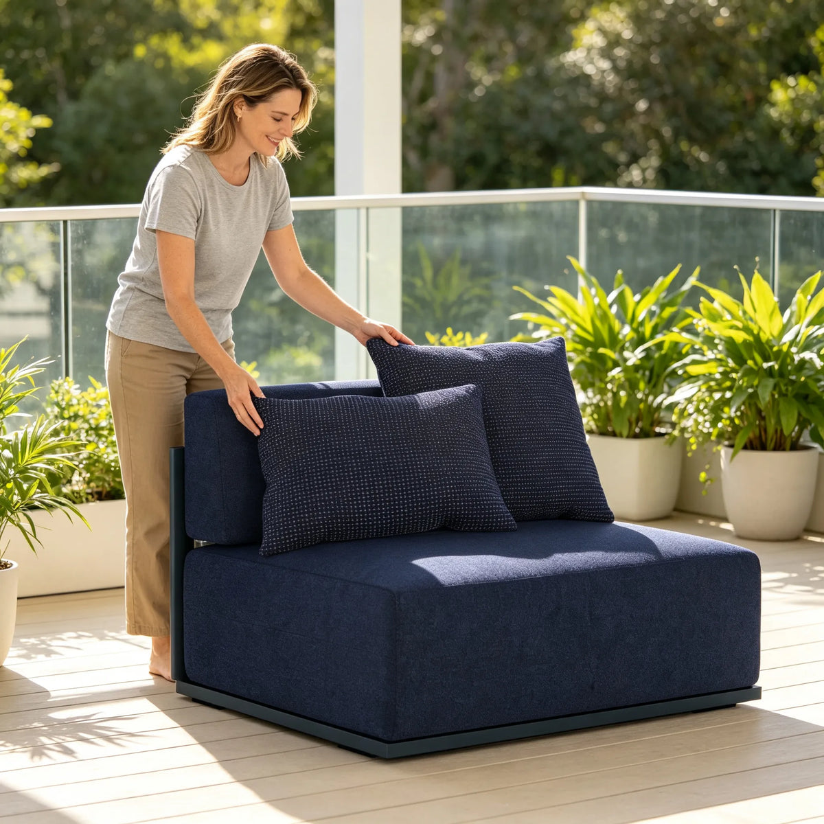 SOLARA Modern Outdoor Modular Armless Centre Sofa Stainless Steel Frame Waterproof Cushions for Patio Garden - Navy Blue