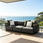 SOLARA Modern Outdoor 3-Seater Sofa Stainless Steel Frame Teak Armrests Waterproof Cushions for Patio Garden - Dark Grey