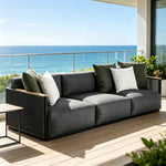 SOLARA Modern Outdoor 3-Seater Sofa Stainless Steel Frame Teak Armrests Waterproof Cushions for Patio Garden - Dark Grey