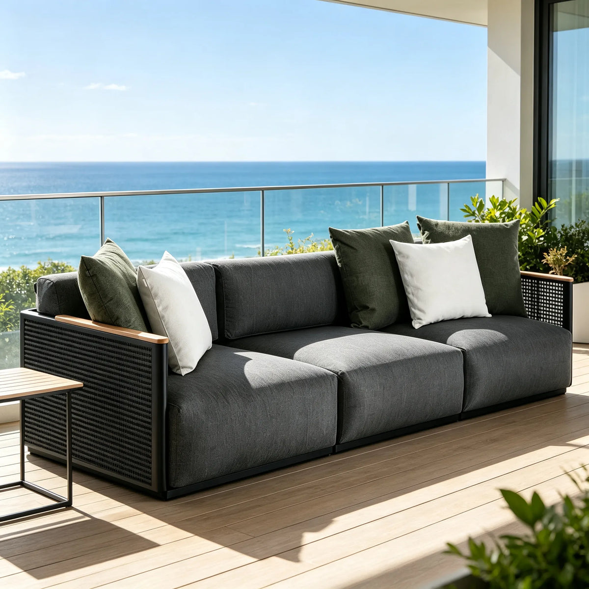 SOLARA Modern Outdoor 3-Seater Sofa Stainless Steel Frame Teak Armrests Waterproof Cushions for Patio Garden - Dark Grey