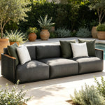 SOLARA Modern Outdoor 3-Seater Sofa Stainless Steel Frame Teak Armrests Waterproof Cushions for Patio Garden - Dark Grey