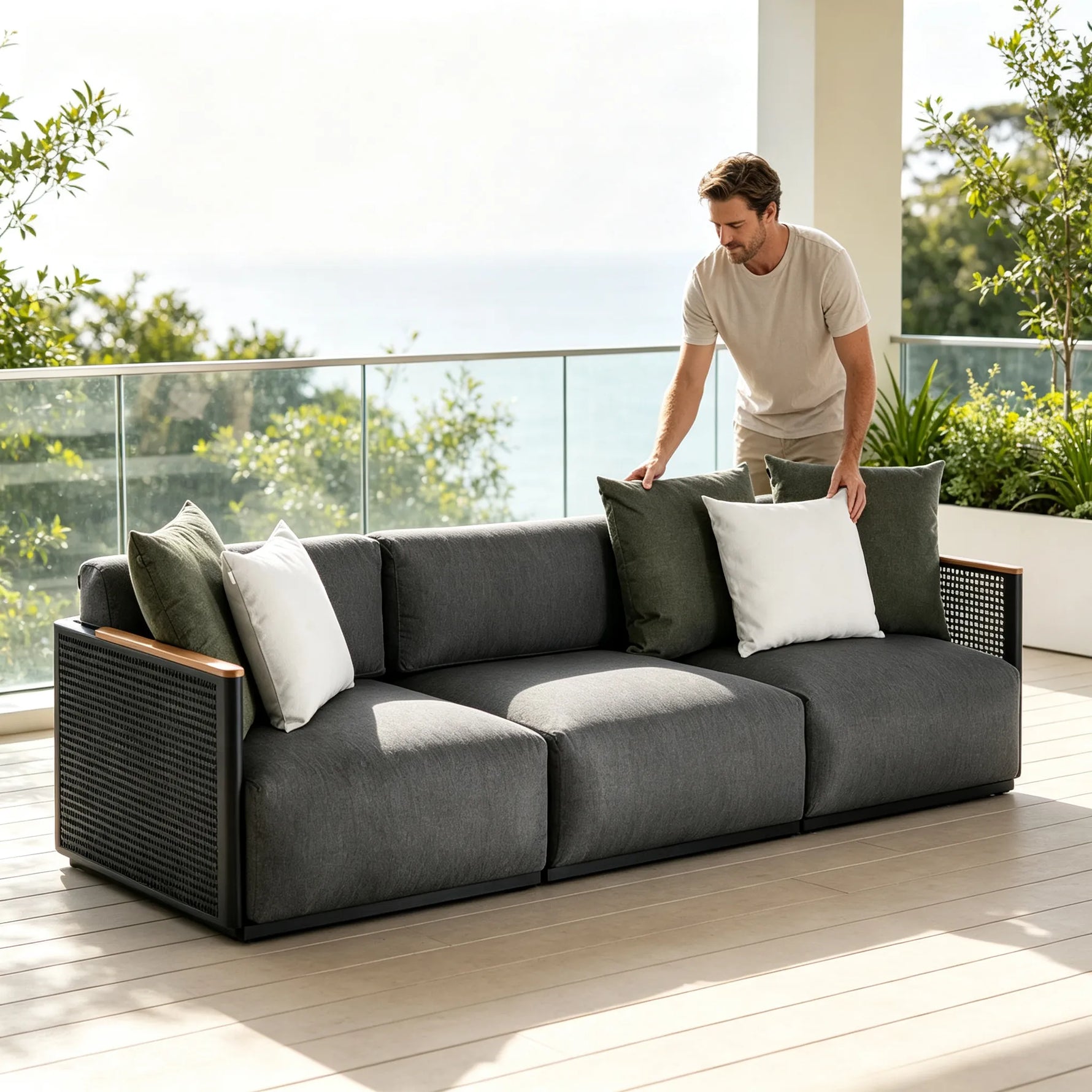 SOLARA Modern Outdoor 3-Seater Sofa Stainless Steel Frame Teak Armrests Waterproof Cushions for Patio Garden - Dark Grey