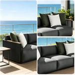 SOLARA Modern Outdoor 3-Seater Sofa Stainless Steel Frame Teak Armrests Waterproof Cushions for Patio Garden - Dark Grey