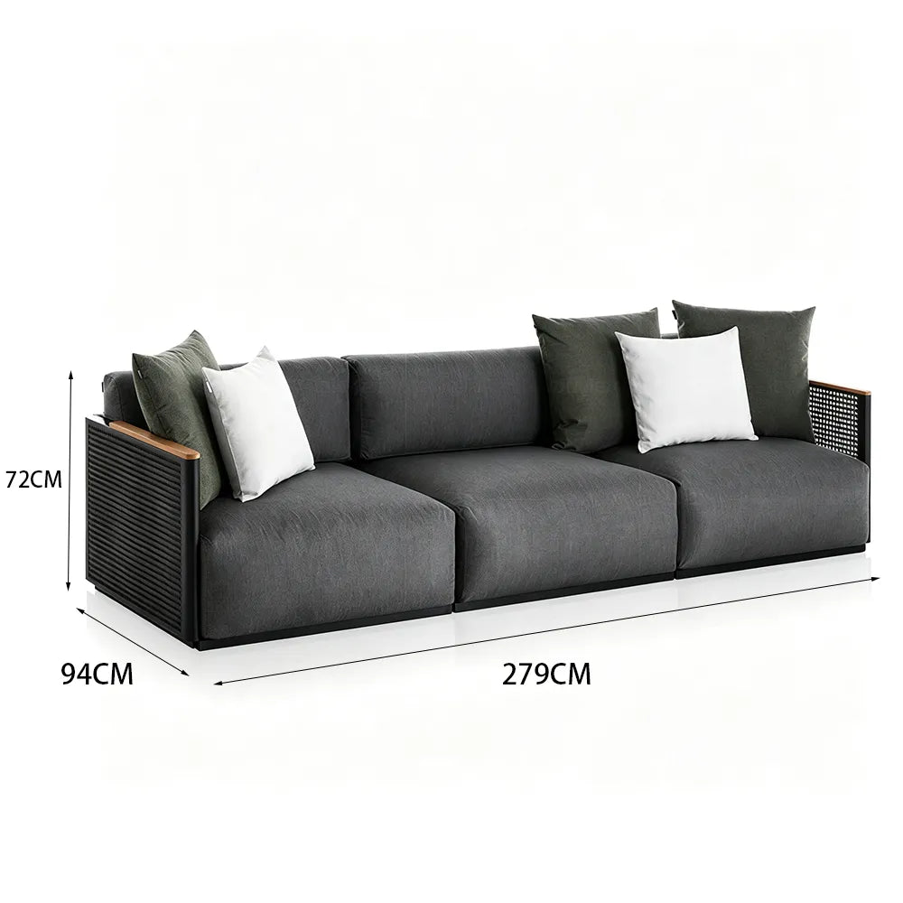 SOLARA Modern Outdoor 3-Seater Sofa Stainless Steel Frame Teak Armrests Waterproof Cushions for Patio Garden - Dark Grey
