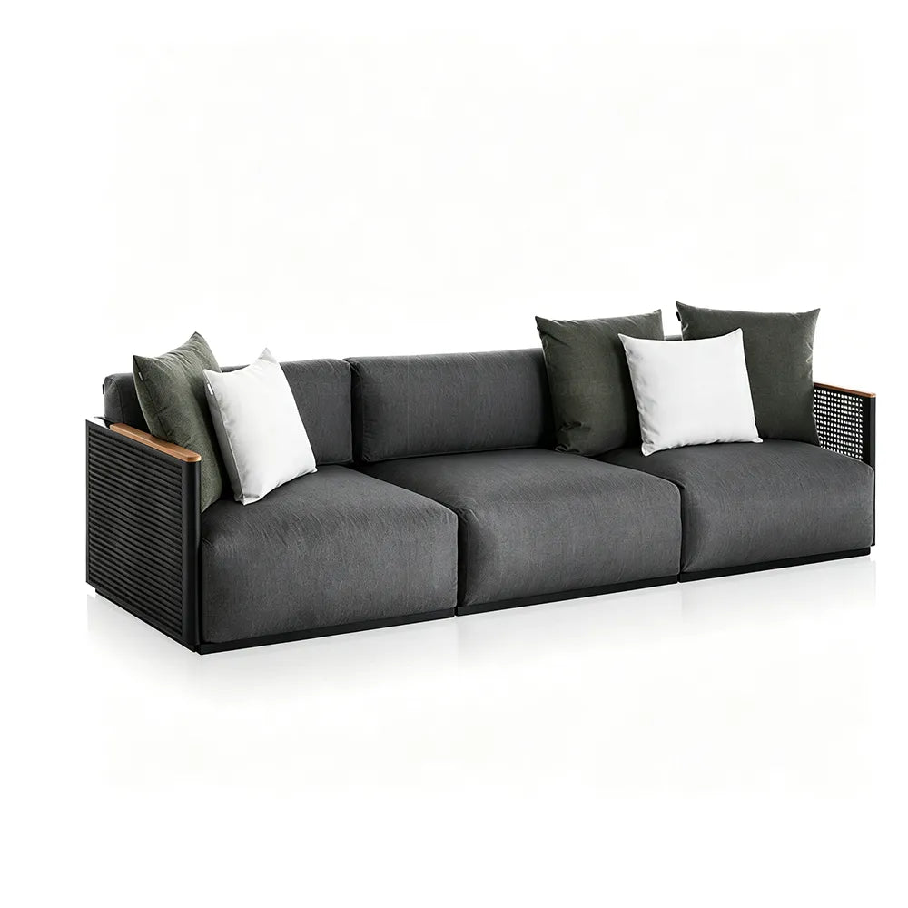 SOLARA Modern Outdoor 3-Seater Sofa Stainless Steel Frame Teak Armrests Waterproof Cushions for Patio Garden - Dark Grey