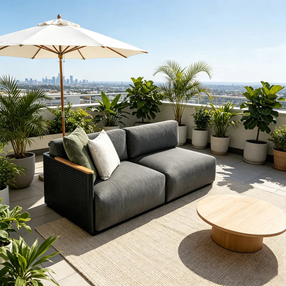 SOLARA Modern Outdoor 2-Seater Corner Sofa Stainless Steel Frame Teak Armrest Waterproof Cushions for Patio Garden - Dark Grey