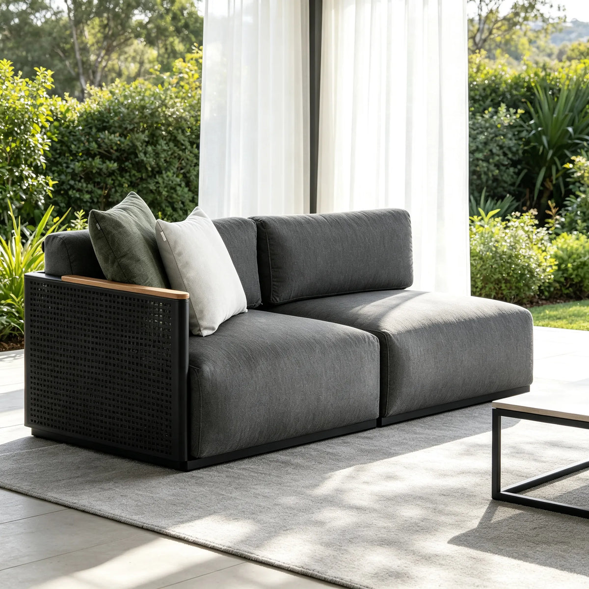 SOLARA Modern Outdoor 2-Seater Corner Sofa Stainless Steel Frame Teak Armrest Waterproof Cushions for Patio Garden - Dark Grey