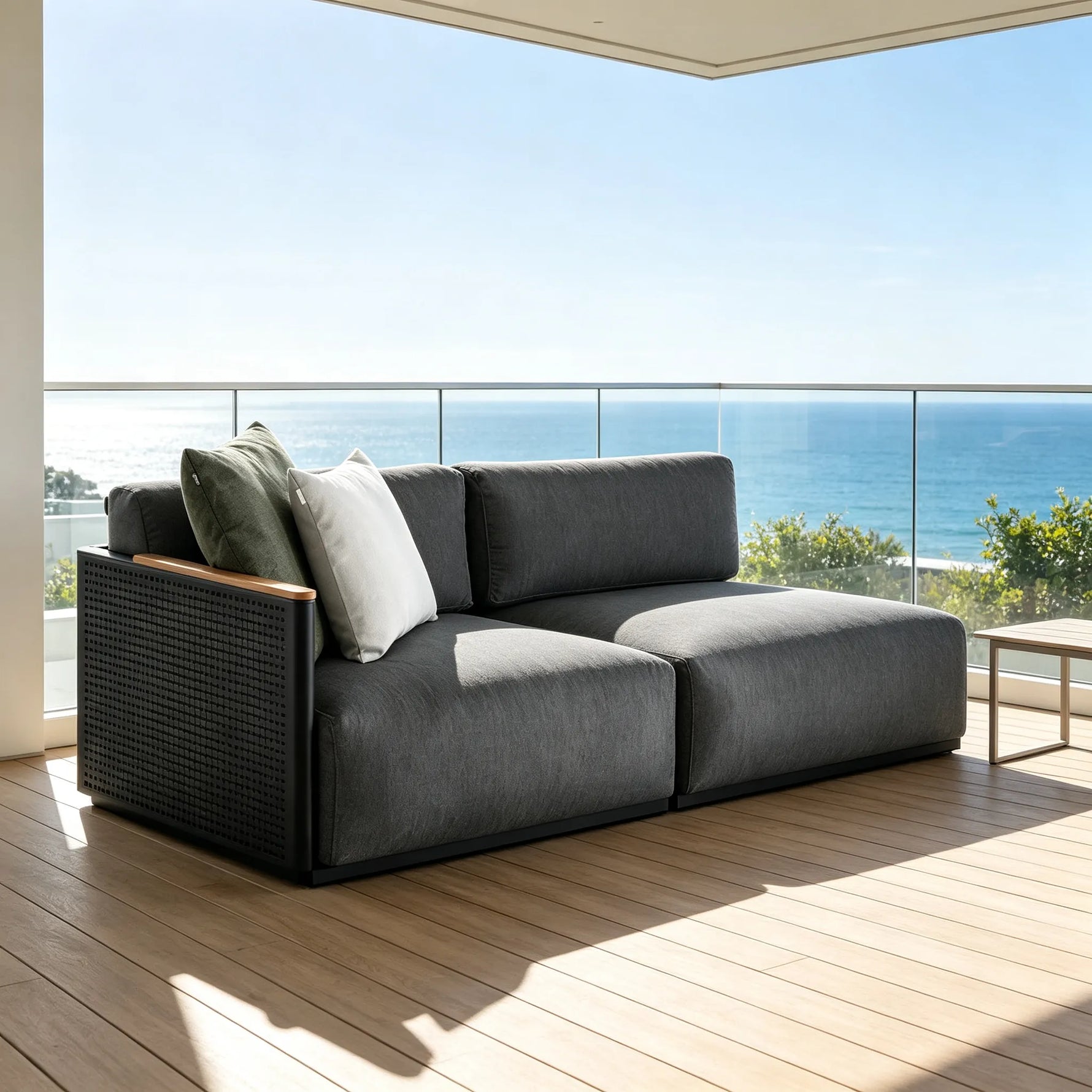SOLARA Modern Outdoor 2-Seater Corner Sofa Stainless Steel Frame Teak Armrest Waterproof Cushions for Patio Garden - Dark Grey