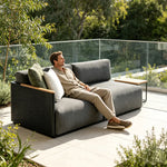 SOLARA Modern Outdoor 2-Seater Corner Sofa Stainless Steel Frame Teak Armrest Waterproof Cushions for Patio Garden - Dark Grey
