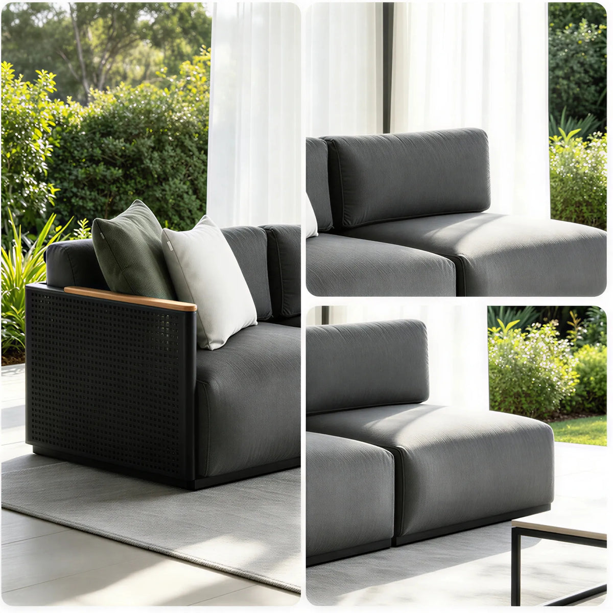 SOLARA Modern Outdoor 2-Seater Corner Sofa Stainless Steel Frame Teak Armrest Waterproof Cushions for Patio Garden - Dark Grey