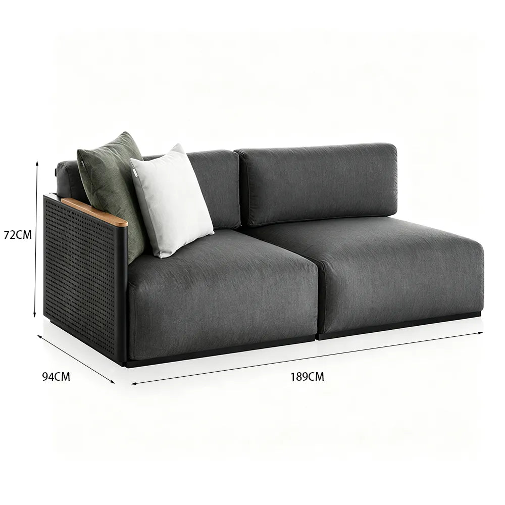 SOLARA Modern Outdoor 2-Seater Corner Sofa Stainless Steel Frame Teak Armrest Waterproof Cushions for Patio Garden - Dark Grey