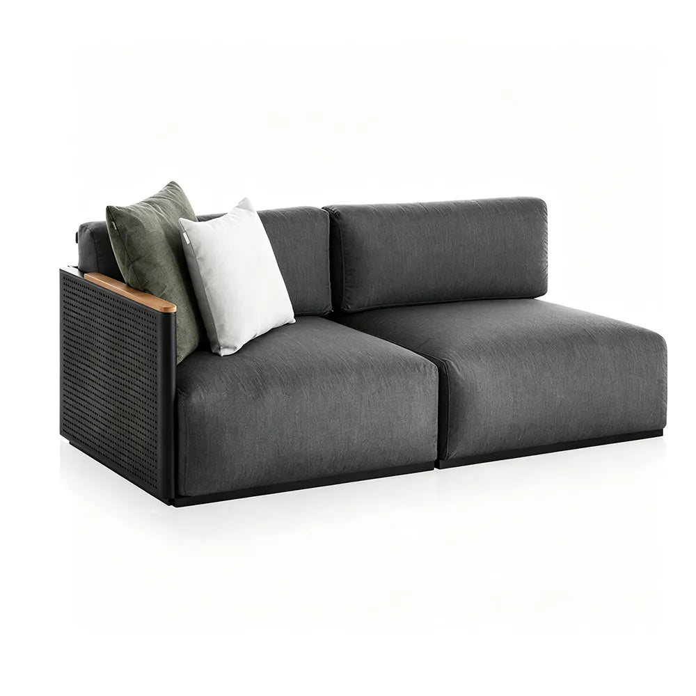 SOLARA Modern Outdoor 2-Seater Corner Sofa Stainless Steel Frame Teak Armrest Waterproof Cushions for Patio Garden - Dark Grey