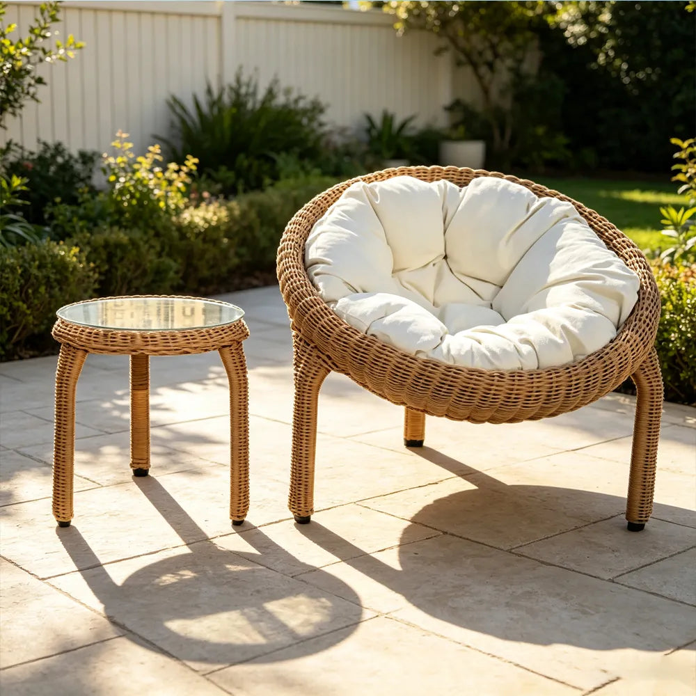 SOLARA Outdoor Round Rattan Lounge Chair PE Rattan Steel Frame Thick Cushion for Patio Balcony Garden - Natural