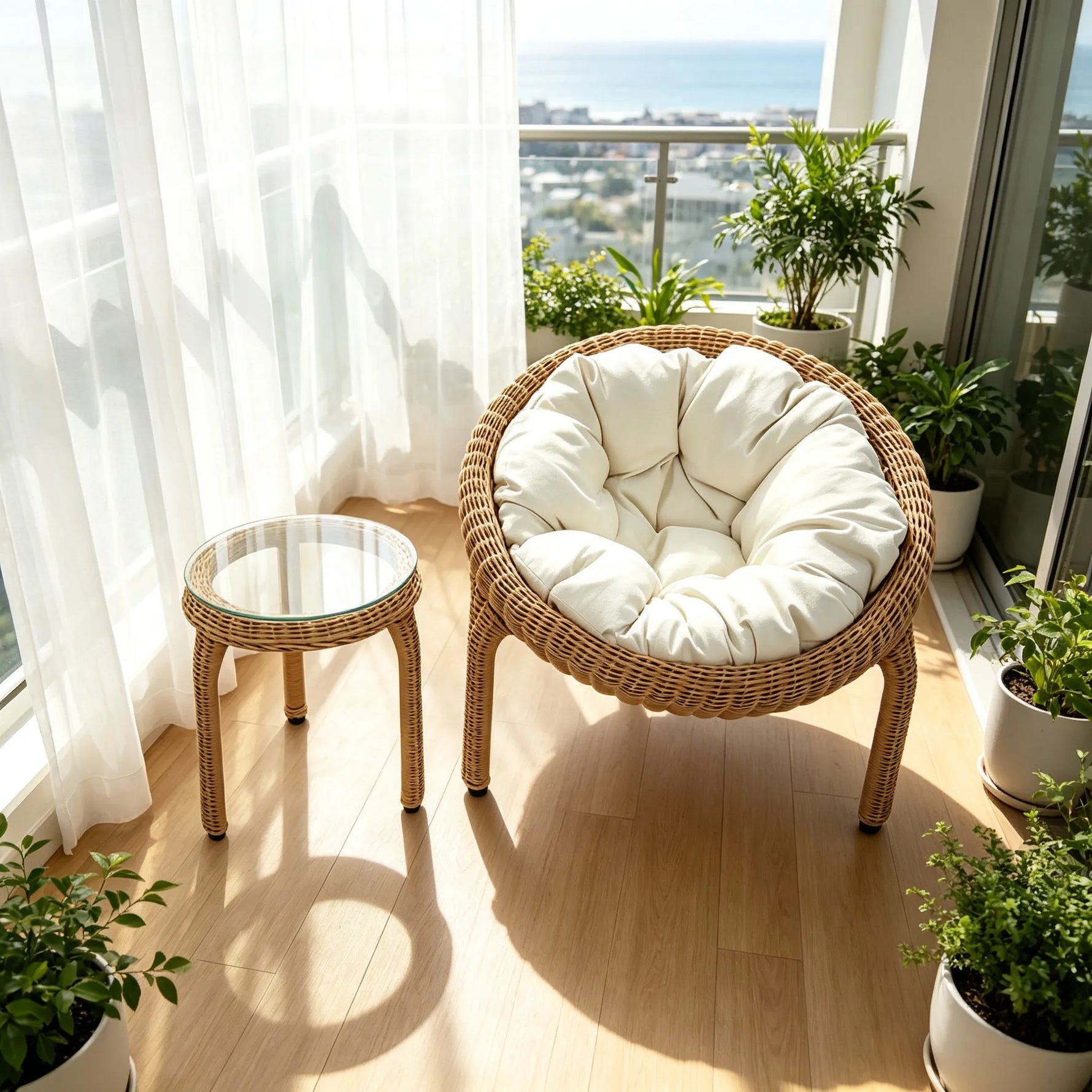 SOLARA Outdoor Round Rattan Lounge Chair PE Rattan Steel Frame Thick Cushion for Patio Balcony Garden - Natural