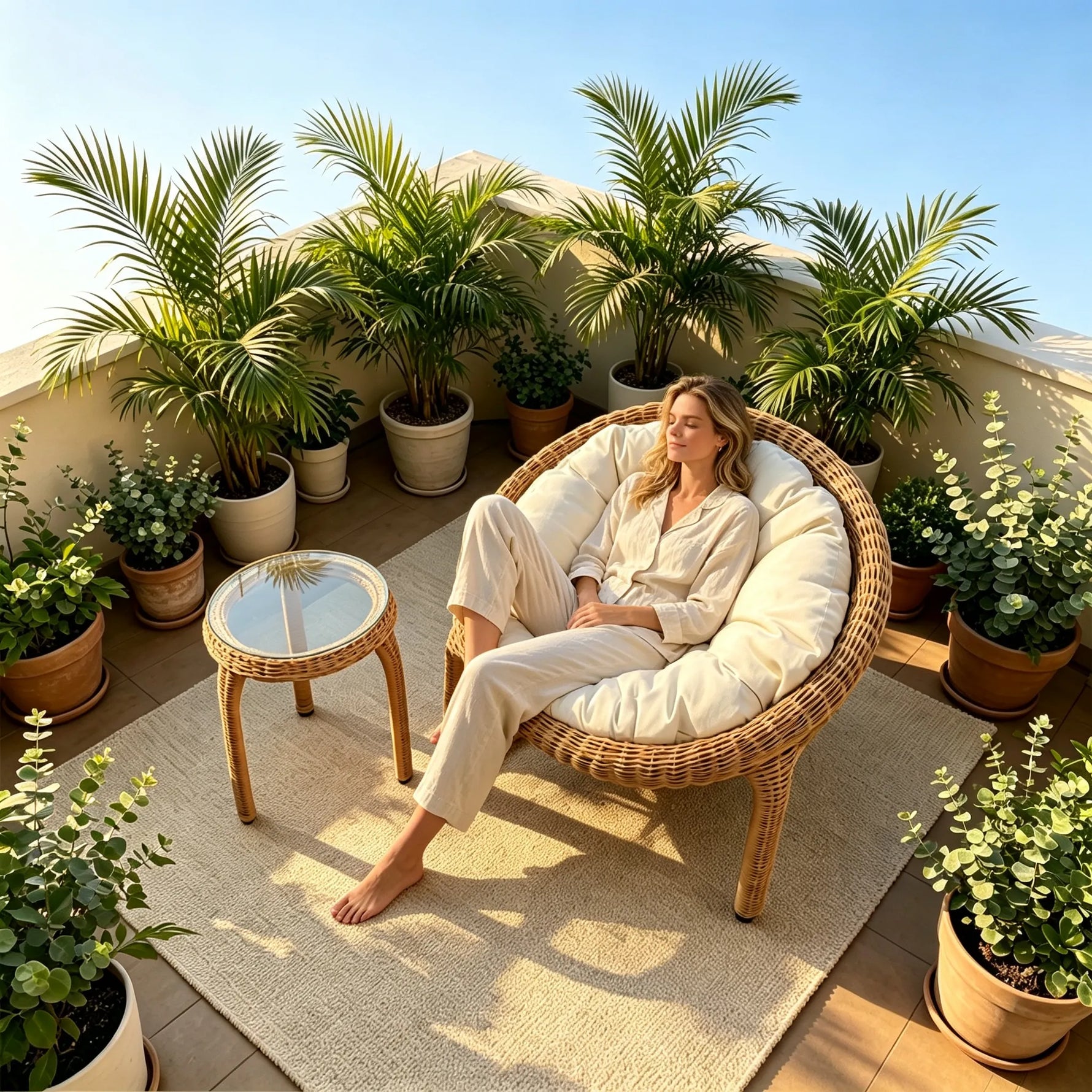 SOLARA Outdoor Round Rattan Lounge Chair PE Rattan Steel Frame Thick Cushion for Patio Balcony Garden - Natural