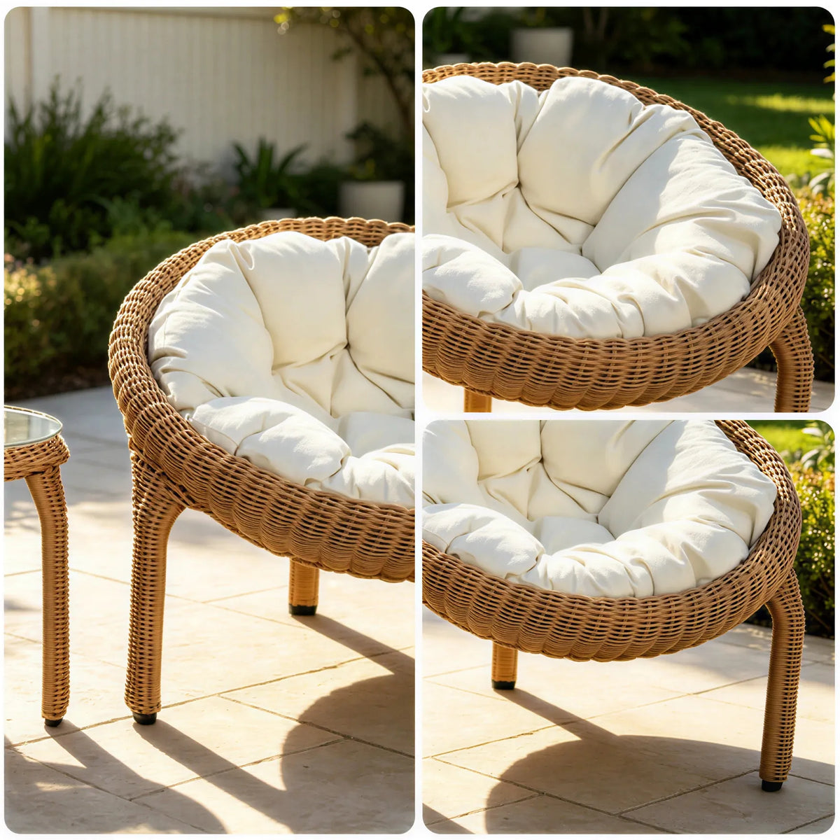 SOLARA Outdoor Round Rattan Lounge Chair PE Rattan Steel Frame Thick Cushion for Patio Balcony Garden - Natural